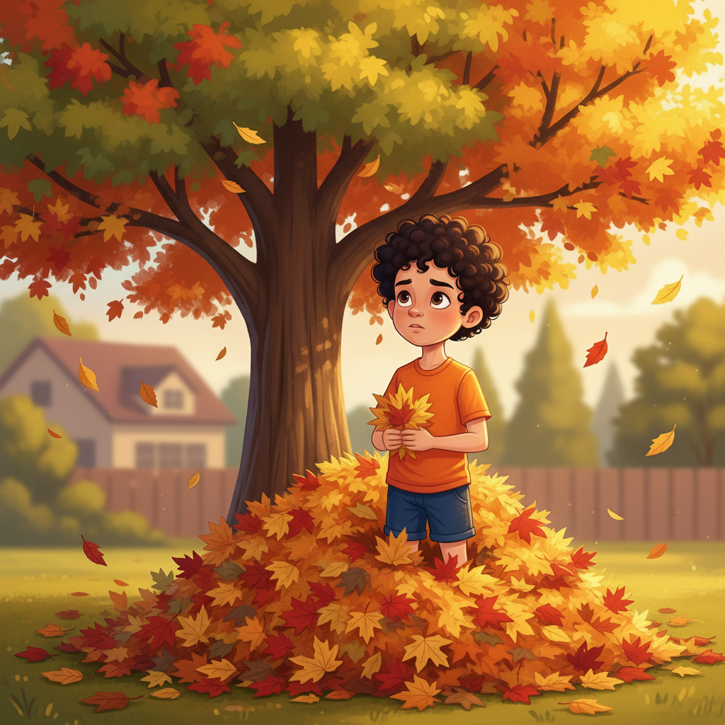 Illustration of One crisp autumn afternoon, six-year-old David was playing in his yard, making a...