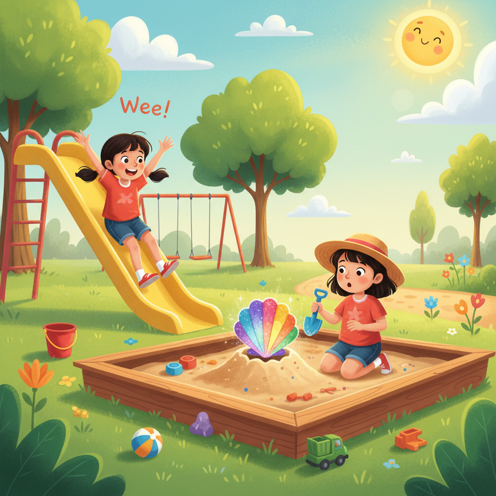 Illustration of One sunny day, Khushi was playing at the park. Wee! She loved swooshing down the...