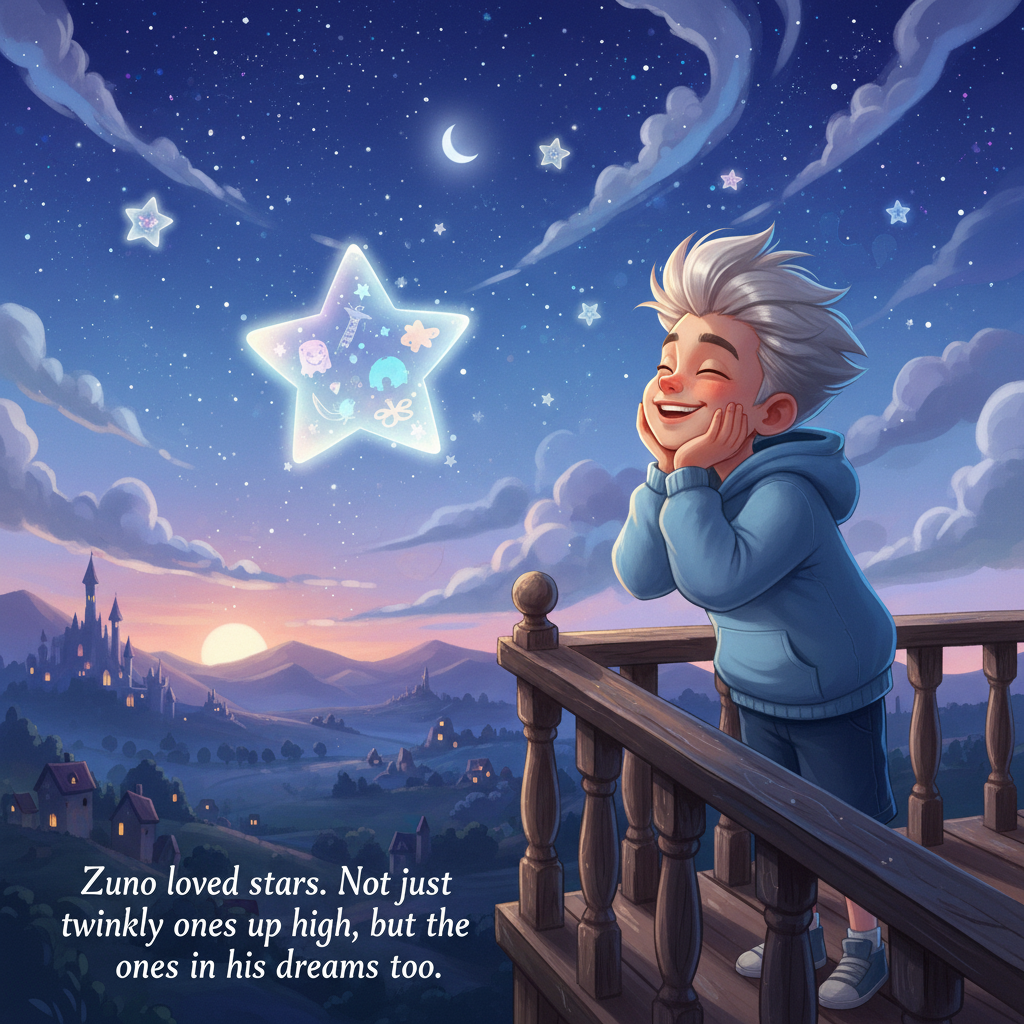 Illustration of One evening, just after the sun had yawned and gone to bed, Zuno stood on his ba...