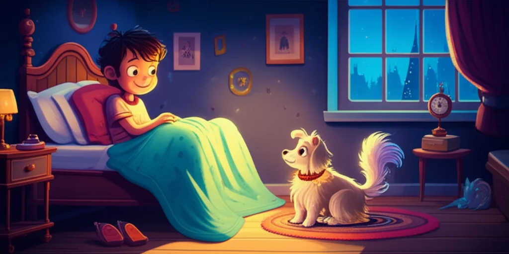 Illustration of One night, Sam, snuggled in his bed in his room in Paris, heard a tiny 'woof!' H...