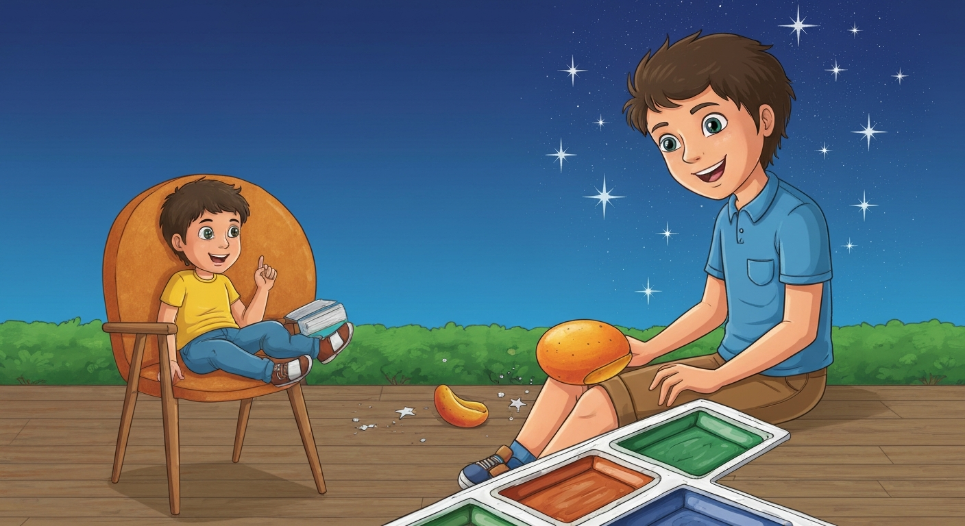 Illustration of One night Alok was sitting on his balcony, looking at the sky and eating a mango...