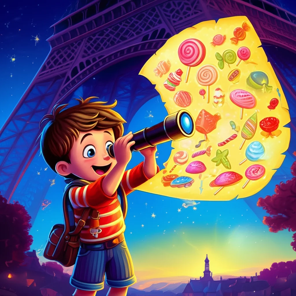 Illustration of Sam, a brave young explorer from Paris, loved looking at the stars. One clear ni...