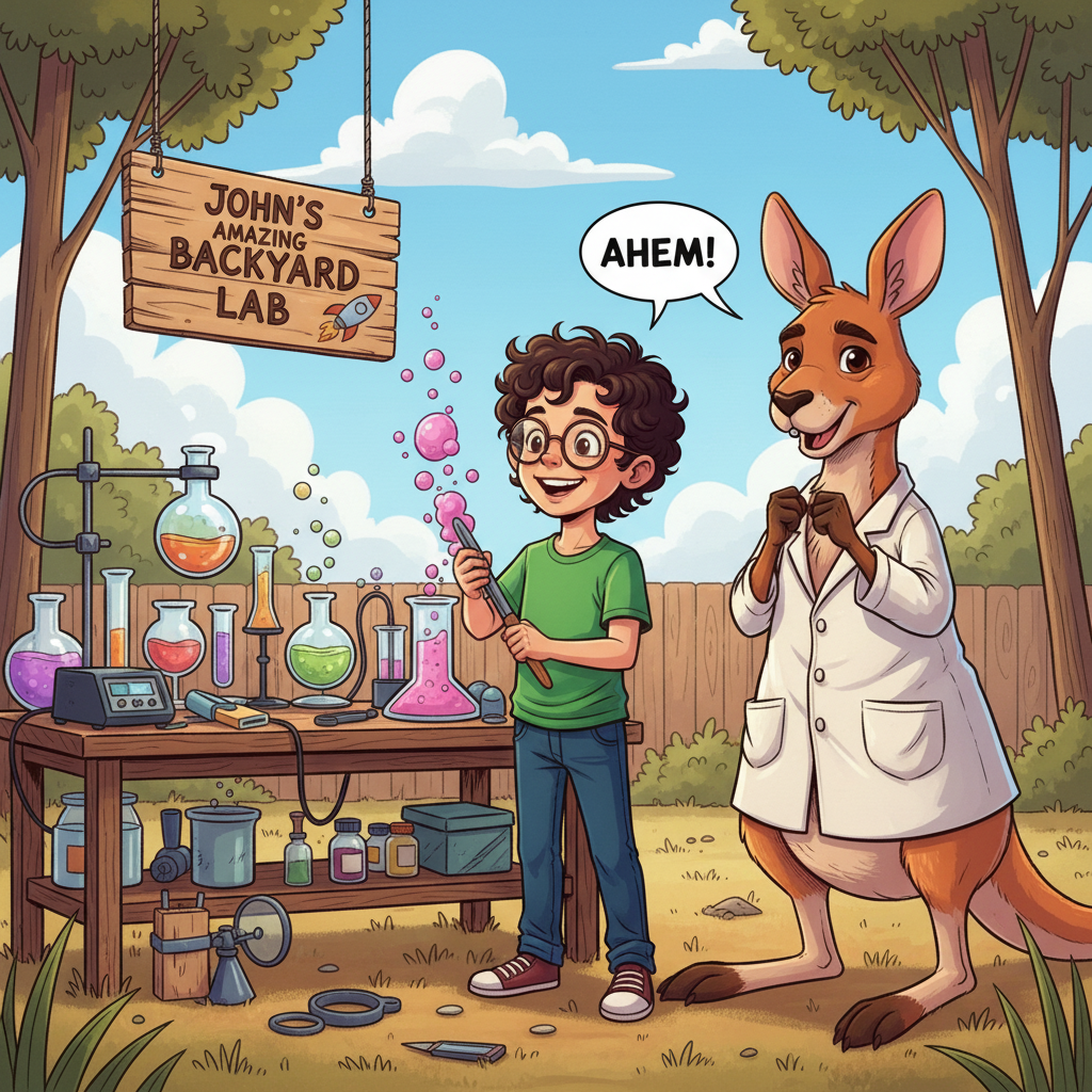 Illustration of John, Australia’s most brilliant young scientist, loved mixing potions in his ba...