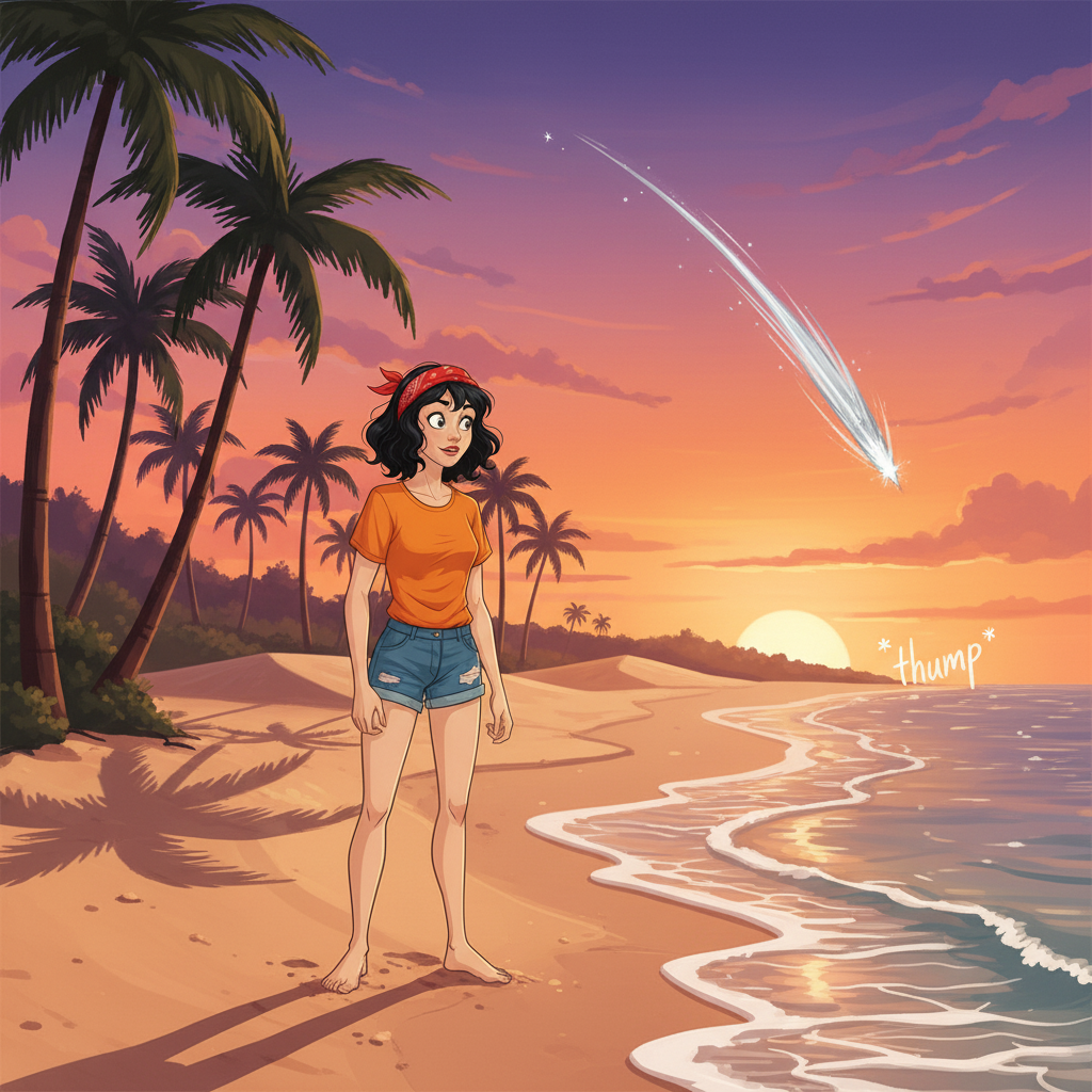 Illustration of The sun bled orange and pink across the sky over the Goan beach, casting long, d...