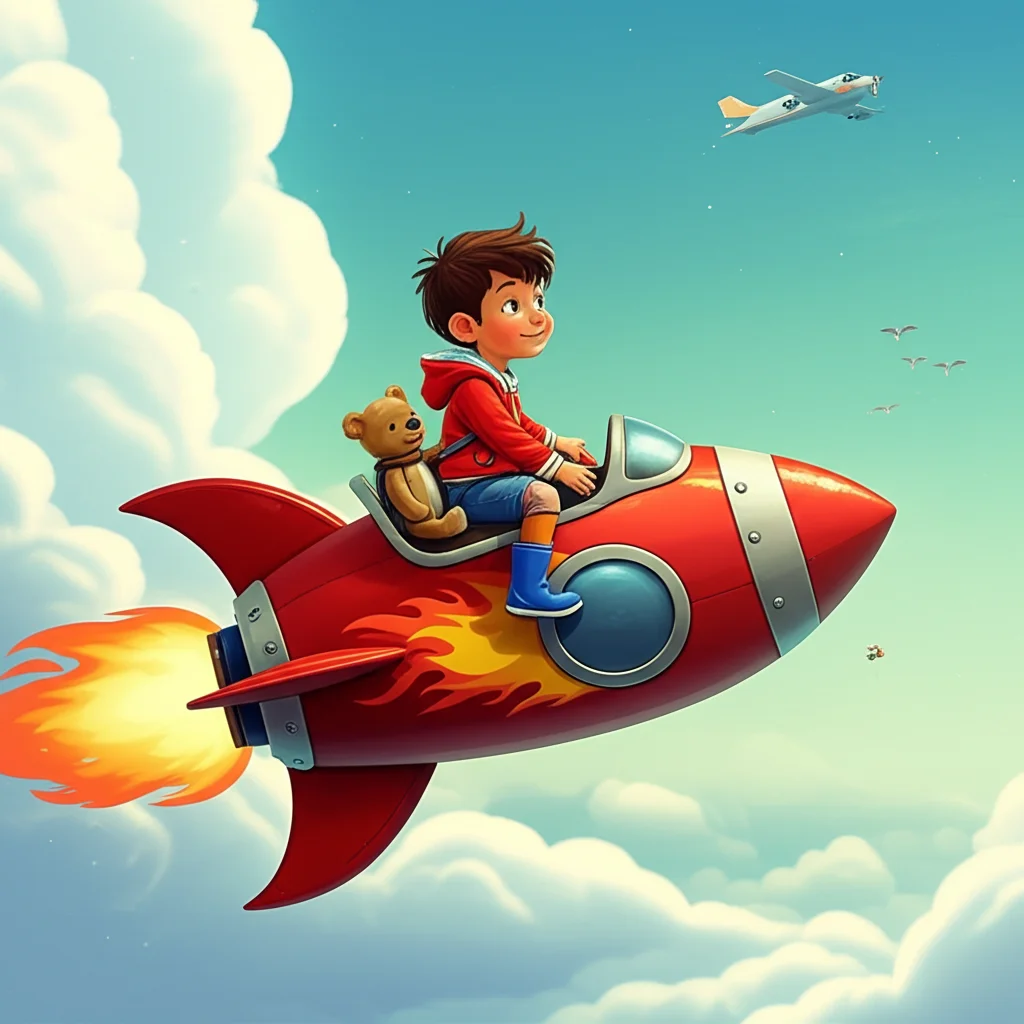 Illustration of Today I go to Jupiter in my rocket ship. It was raining, so I put on my space ja...