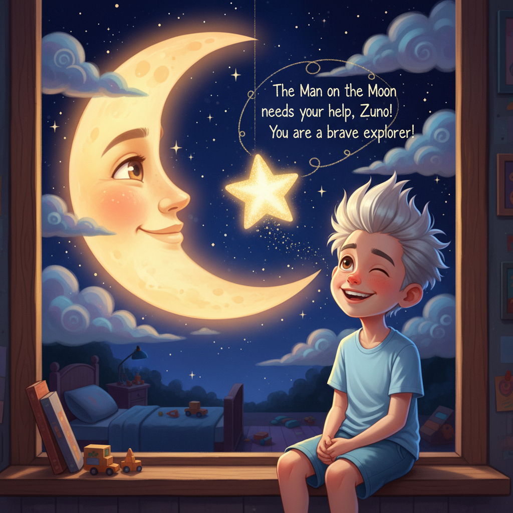 Illustration of One night, Zuno looked out his window at the big, smiling moon. He saw the Man o...