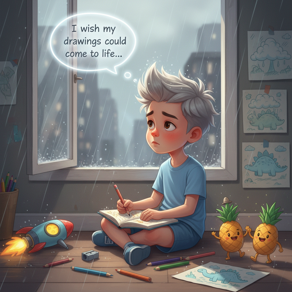 Illustration of Zuno loved to draw.
He drew rockets with cheese engines, dancing pineapples, and...