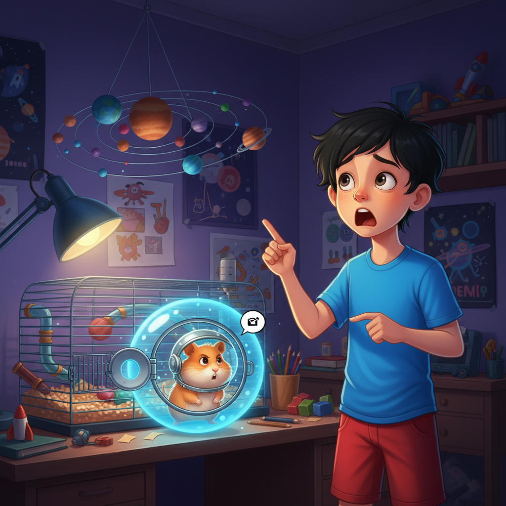 Illustration of David was admiring his model of the solar system when a strange whirring sound c...
