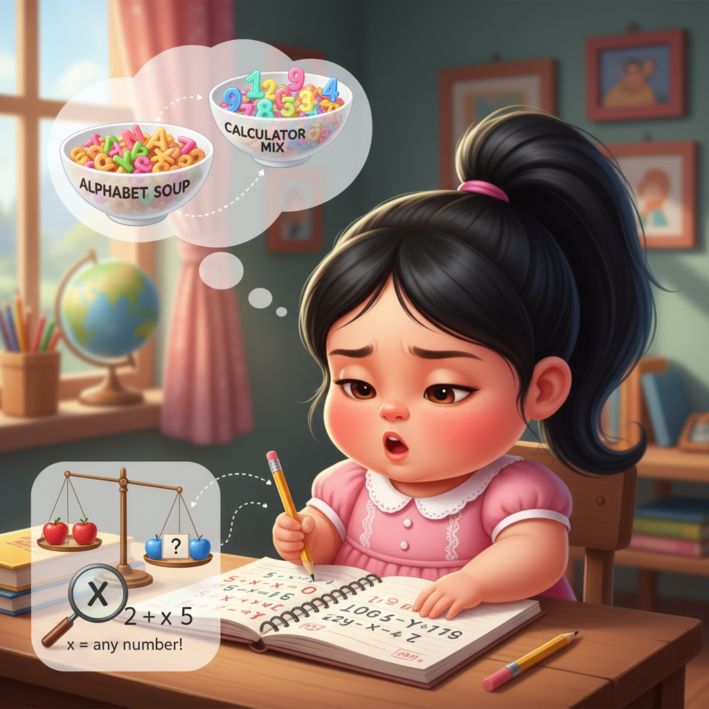 Illustration of Zuni stared at her math homework, her brow furrowed in confusion. Numbers she un...