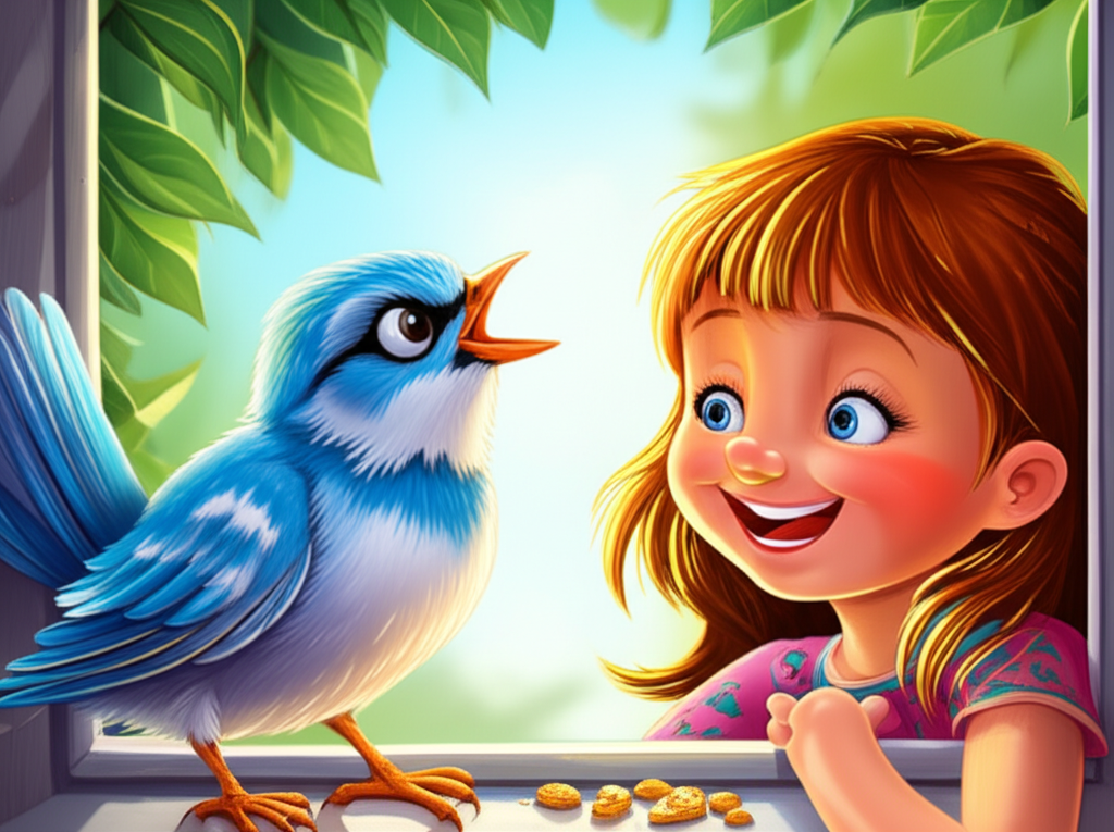 Illustration of Hoje eu vi um passarinho azul na minha janela. Ele estava a cantar muito bonitin...