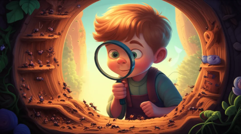 Illustration of Once upon a time, in Indiana, lived a curious boy named Sunny! He loved his ant ...