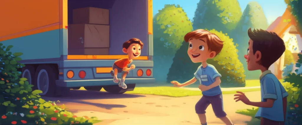 Illustration of David loved looking at the stars. One sunny afternoon, a moving truck pulled up ...