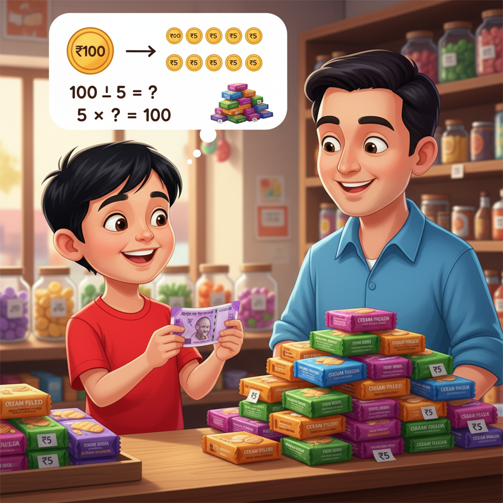 Illustration of Atharva held a crisp 100-rupee note that his grandmother had given him for being...