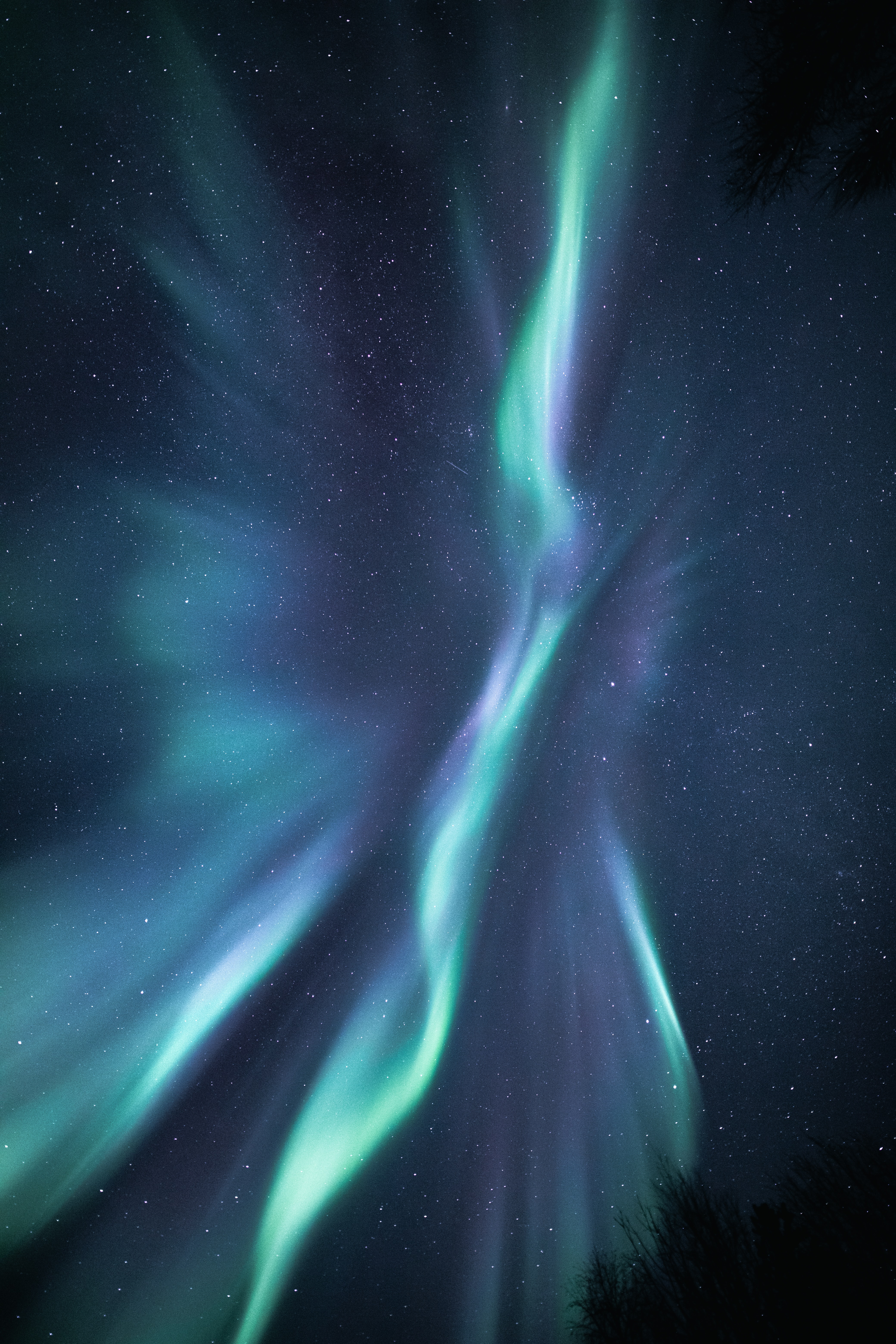 The aurora in the night sky glowing green and blue