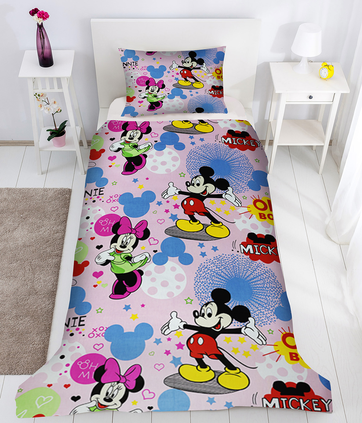 Lenjerie de pat copii Mickey si Minnie fundal roz bumbac 100%, 3 piese, multicolor, 160 x 200 cm 100% imagine 2022 protejamcopilaria.ro