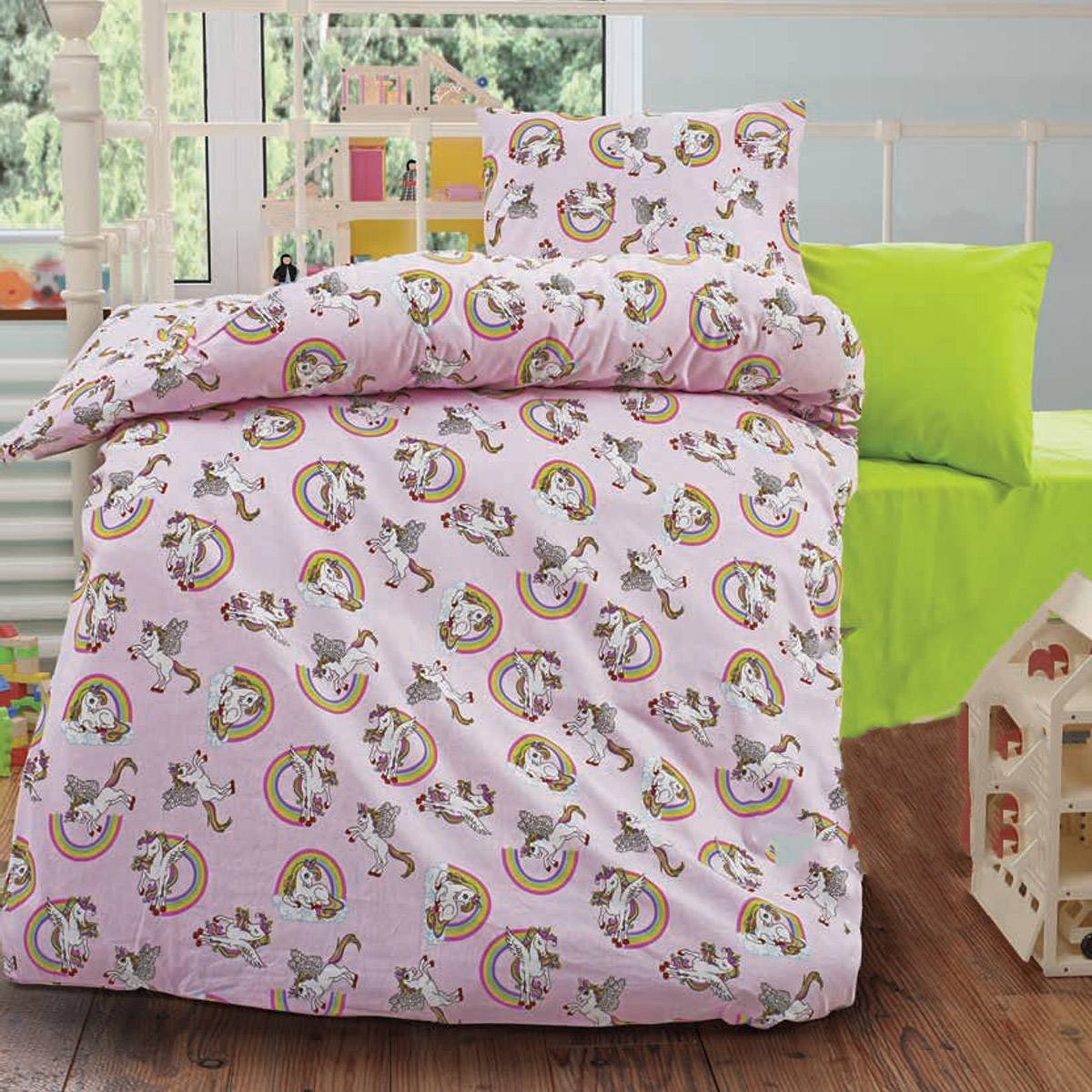 Lenjerie de pat copii Love Poni bumbac 100%, 3 piese, multicolor, 160 x 200 cm