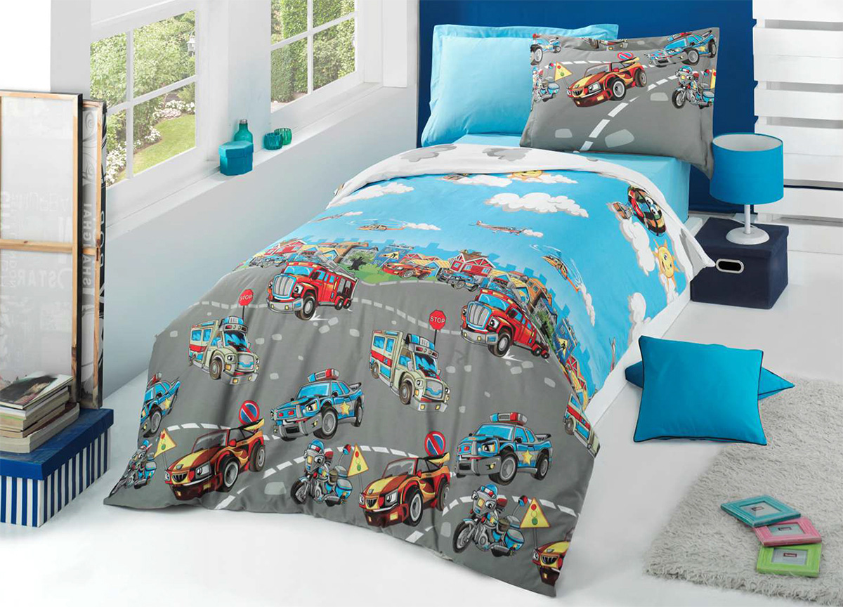 Lenjerie de pat copii City Cars bumbac 100%, 3 piese, multicolor, 160 x 200 cm