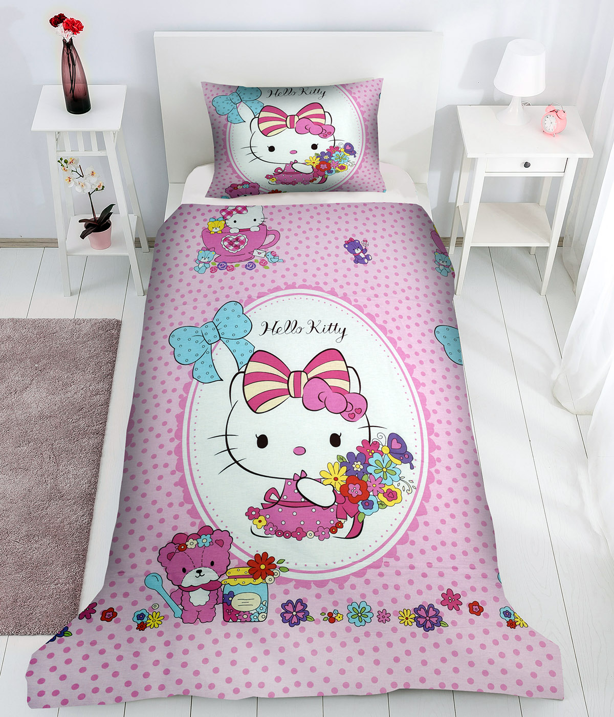 Lenjerie de pat copii Hello Kitty bumbac 100%, 3 piese, multicolor, 160 x 200 cm 100% imagine 2022 protejamcopilaria.ro