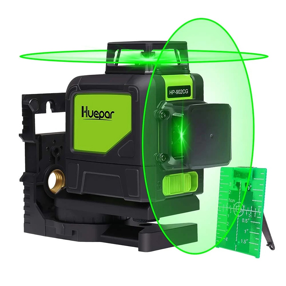 Nivela laser Huepar 902CG cu 8 linii incrucisate la nivel de 360 de grade, cu mod puls, laser orizontal si vertical, fascicul verde comutabil, baza de pivotare magnetica inclusa