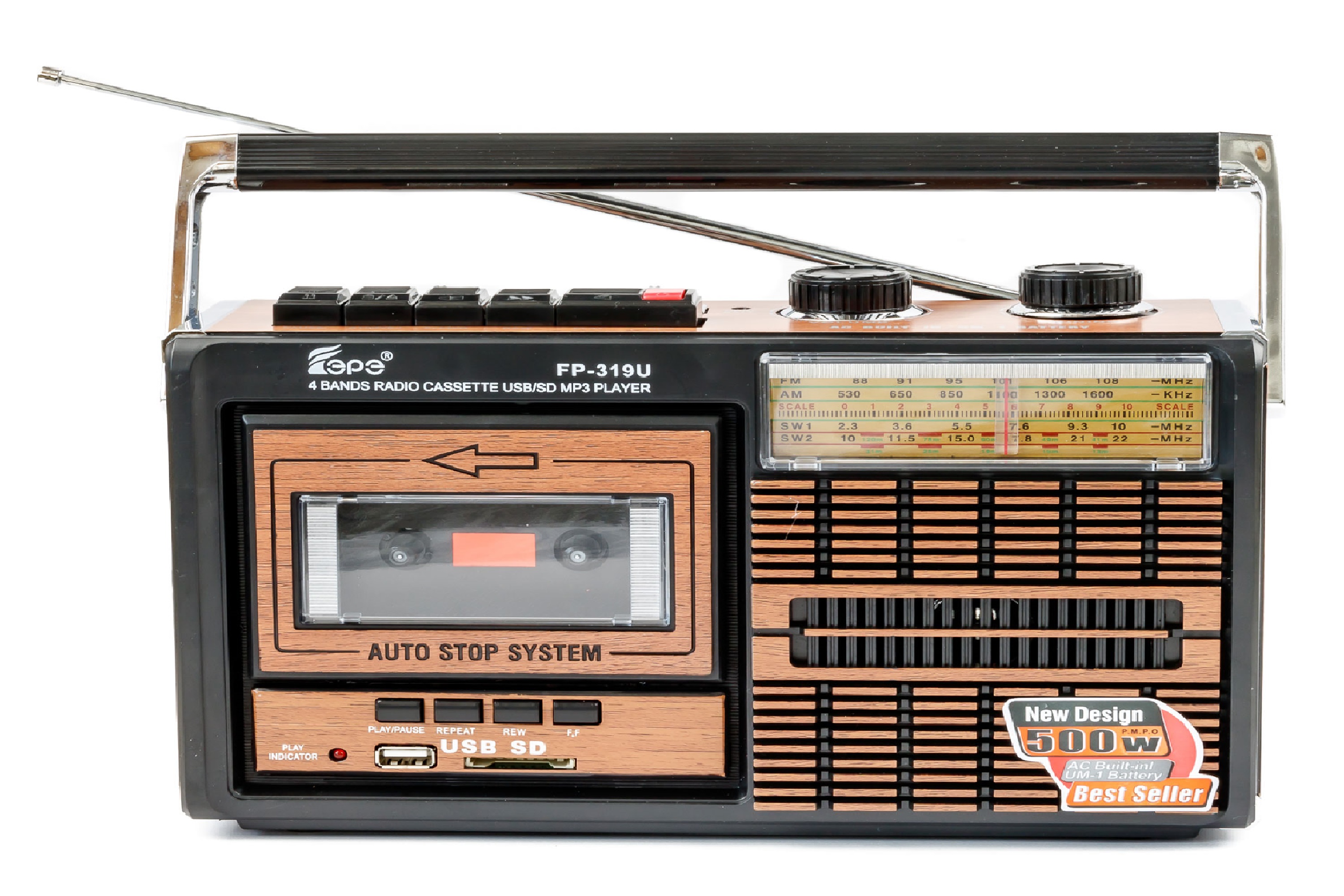 Radio casetofon portabil cu MP3 Player Fepe FP-319U, USB, SD card, AM/FM/SW1/SW2, culoare Negru-maro
