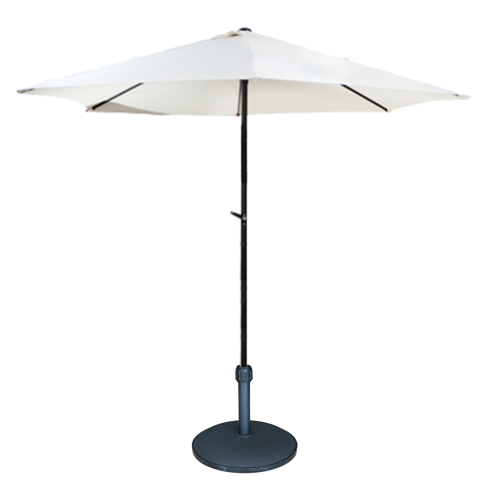 Umbrela soare cu mecanism rabatare 250 cm, alba si suport rotund 15 kg , culoare neagra