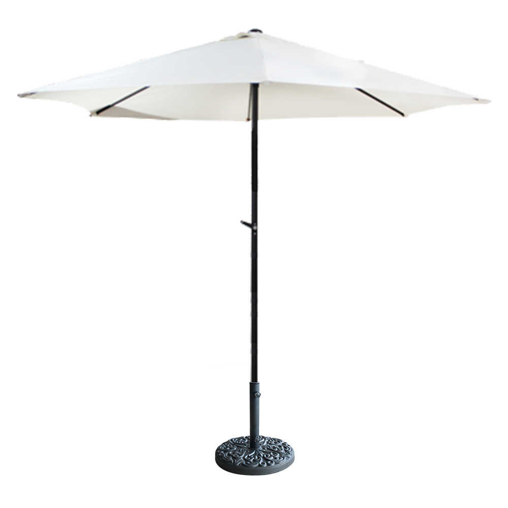Umbrela soare cu mecanism rabatare 300 cm alba si suport rotund cu relief 25 kg