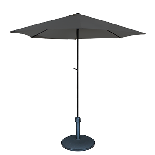 Umbrela soare gri cu mecanism rabatare 300 cm si suport rotund 25 kg negru