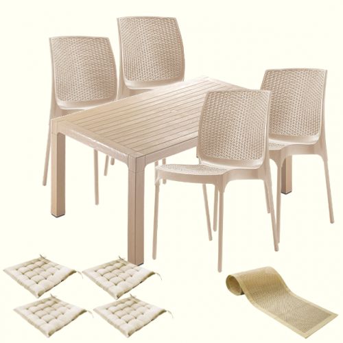 Set mobila gradina CULINARO KAHTLA, masa 90x150x75cm, 4 scaune 44x45xH84cm polipropilena/fibra sticla culoare cappuccino, 4 perne scaun, traversa