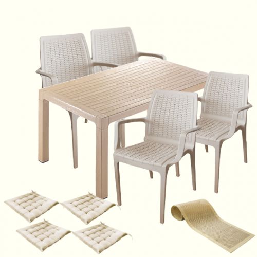 Mobila gradina CULINARO VINI, masa 90x150x75cm, 4 scaune 58,5×56,5xH85cm polipropilena/fibra sticla culoare cappuccino, 4 perne scaun, traversa