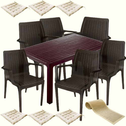 Set exterior gradina CULINARO VINI, masa 90x150x75cm, 6 scaune 58,5×56,5xH85cm polipropilena/fibra sticla maro, 6 perne scaun, traversa