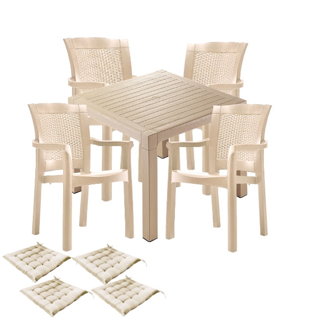 Set gradina CULINARO RISTI, masa patrata 90x90x75cm, 4 scaune 57x60xH90cm polipropilena/fibra sticla culoare cappuccino, 4 perne scaun