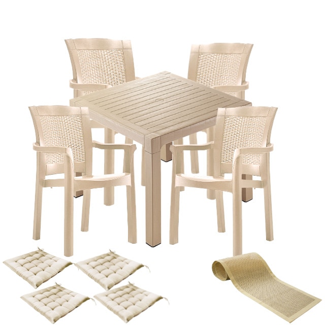 Set mobilier gradina CULINARO RISTI, masa patrata 90x90x75cm, 4 scaune 57x60xH90cm polipropilena/fibra sticla culoare cappuccino, 4 perne scaun, traversa