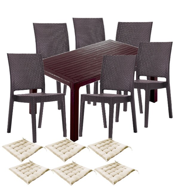 Set mobilier gradina CULINARO LIHULU, masa 90x150x75cm, 6 scaune 59x44xH88cm polipropilena/fibra sticla maro, 6 perne scaun