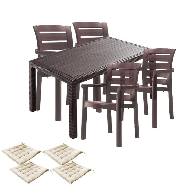 Set mobilier terasa CULINARO PALMSE imitatie ratan, masa 90x150x75cm, 4 scaune D60xH90xW57xSH45cm polipropilena/fibra sticla maro, 4 perne scaun