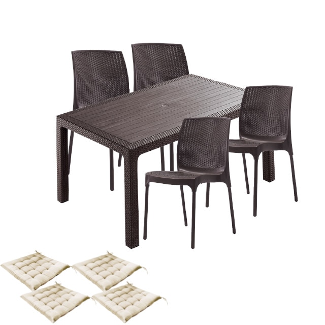 Set mobilier terasa CULINARO VIHULA imitatie ratan, masa 90x150x75cm, 4 scaune D56xH84xW45xSH45cm polipropilena/fibra sticla maro, 4 perne scaun