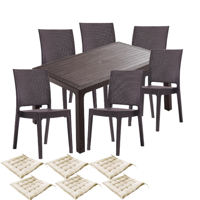 Set mobila gradina, terasa CULINARO JURI imitatie ratan, masa 90x150x75cm, 6 scaune 59x44xH88cm polipropilena/fibra sticla maro, 6 perne scaun
