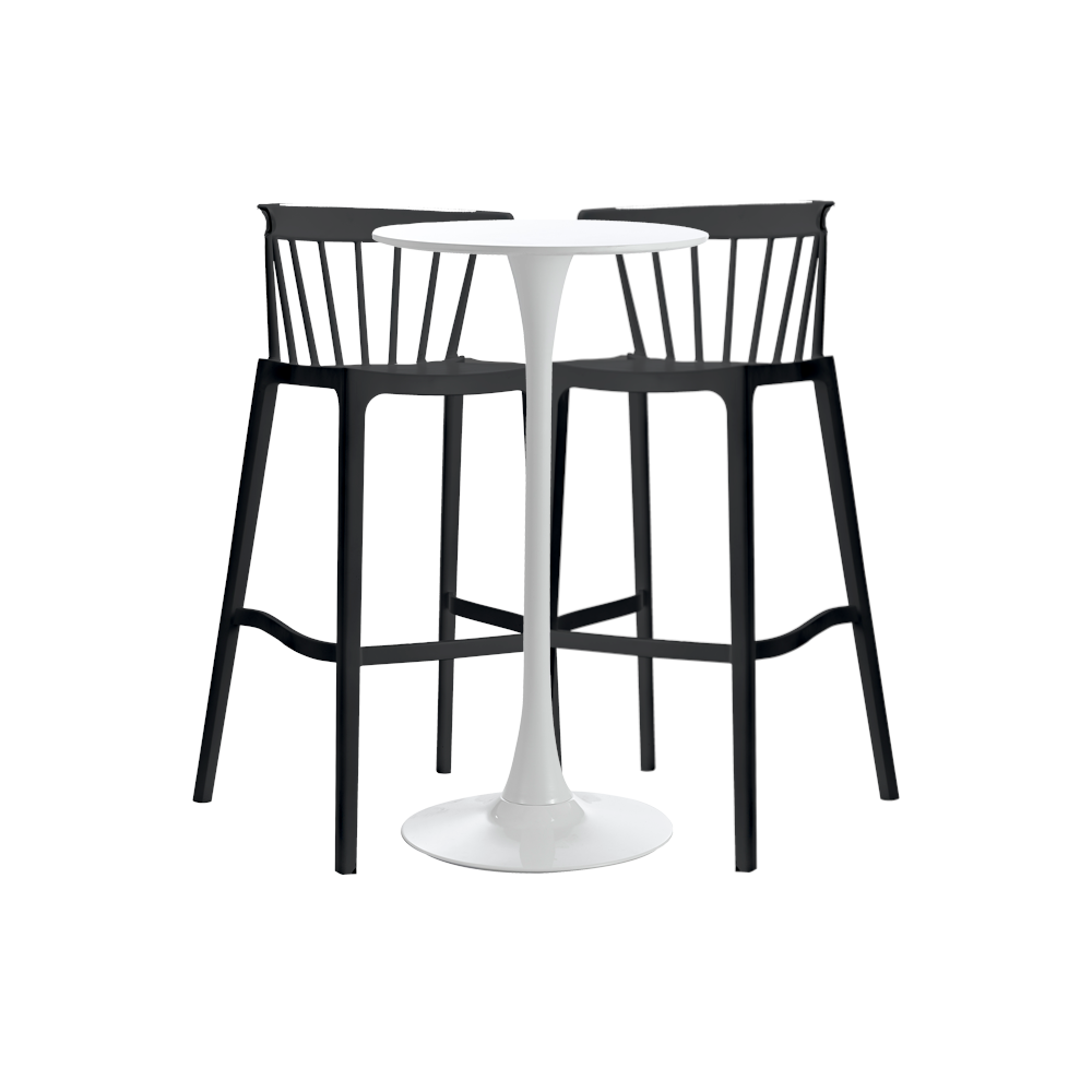 Set mobilier tip bar pentru mic dejun masa alba 60x101cm cu 2 scaune negre 51x54x103cm