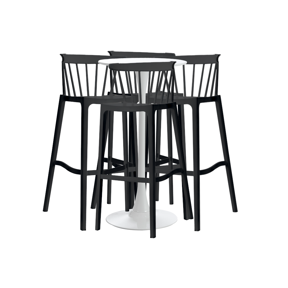 Set masa si scaune de bar, 5 piese, masa alba 60x101cm cu 4 scaune negre 51x54x103cm