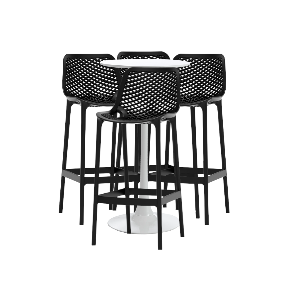Set masa si scaune de bar, 5 piese, masa alba 60x101cm cu 4 scaune London Air negre 52x44x105cm