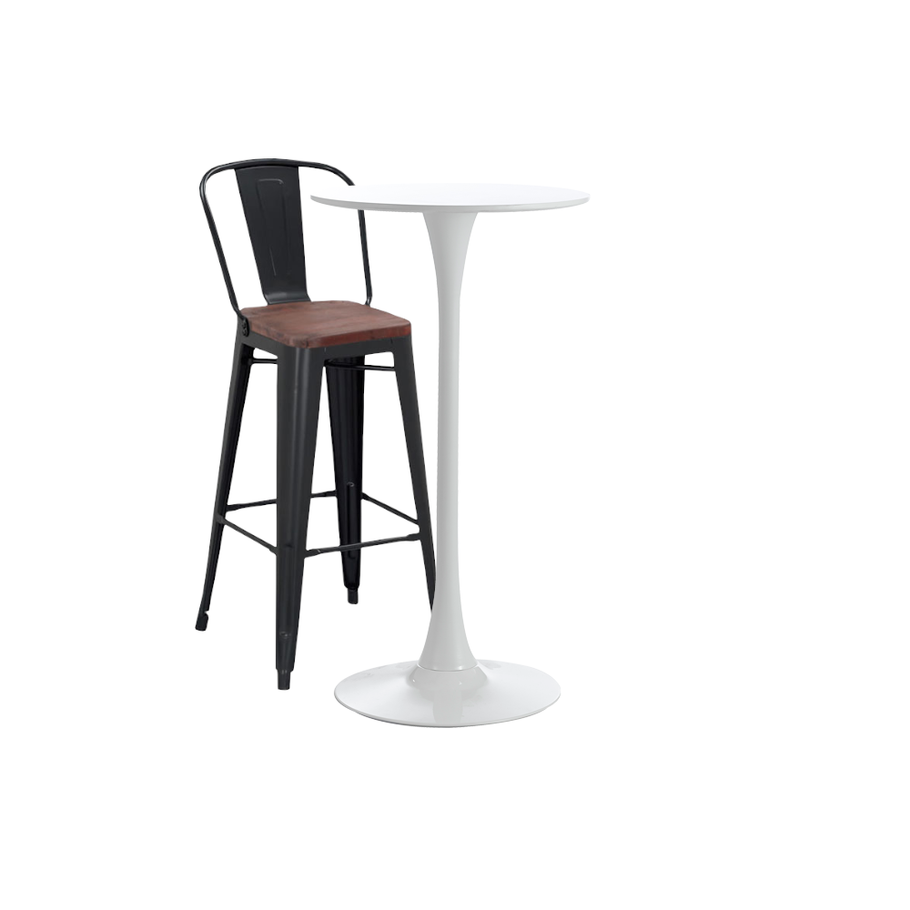 Set bar, cafenea, masa alba 60x101cm si un scaun metalic negru cu spatar si sezut lemn 46x43x107cm
