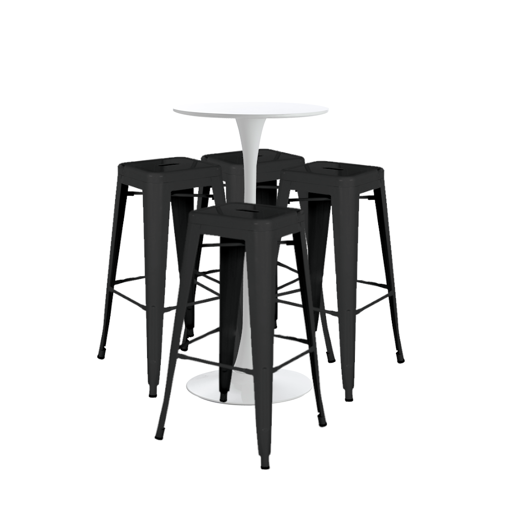 Set bar, cafenea, masa alba 60x101cm si patru scaune metalice negre 43x43x76cm