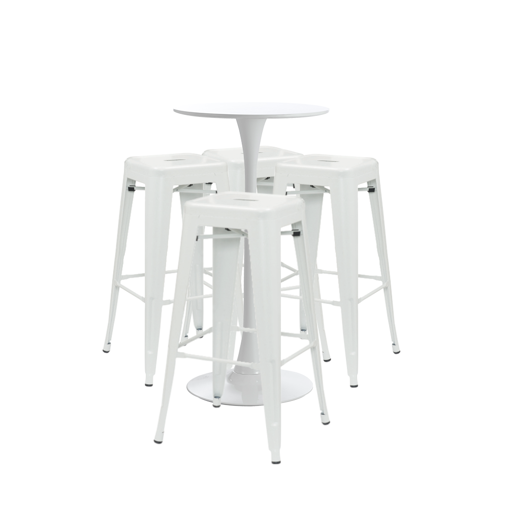 Set bar, cafenea, masa alba 60x101cm si patru scaune metalice albe 43x43x76cm
