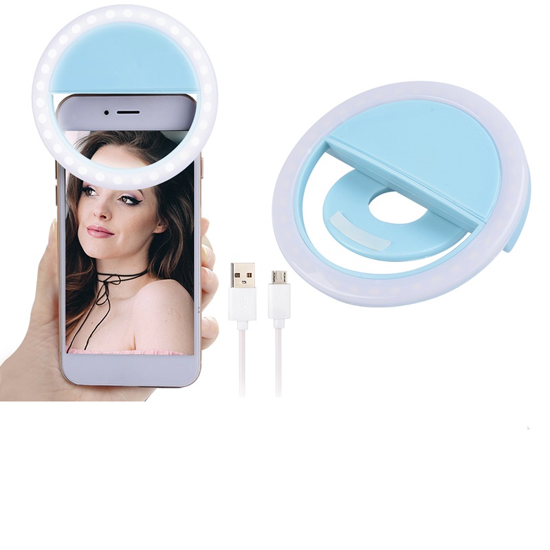Selfie Ring, Lampa LED pentru Selfie, Clema de Prindere, 3 intensitati lumina, 36 LED-uri, Acumulator 400mAh - Albastru, Original Deals