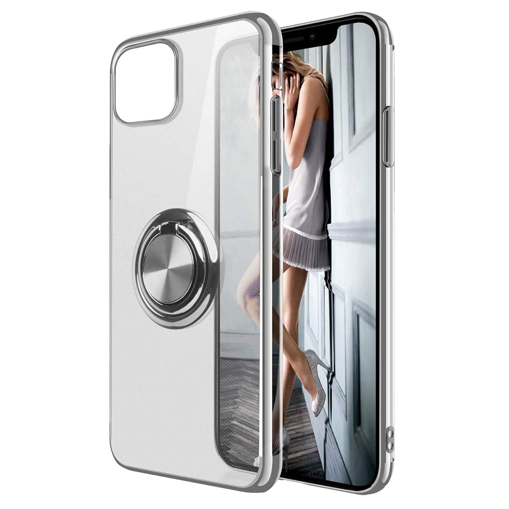 Husa PadForce Crystal-Ring transparenta din silicon cu inel rotativ metalic – iPhone 12, Argintiu