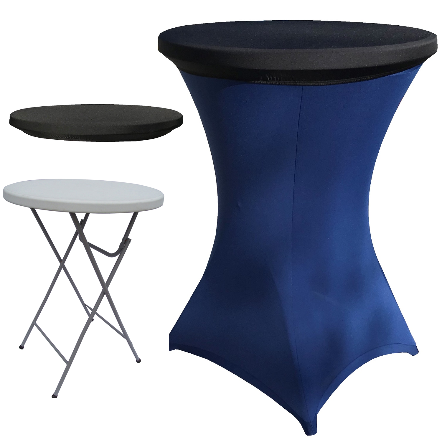 CULINARO Set masa pliabila rotunda, cocktail D80xH110cm, husa elastica albastra, capac elastic negru