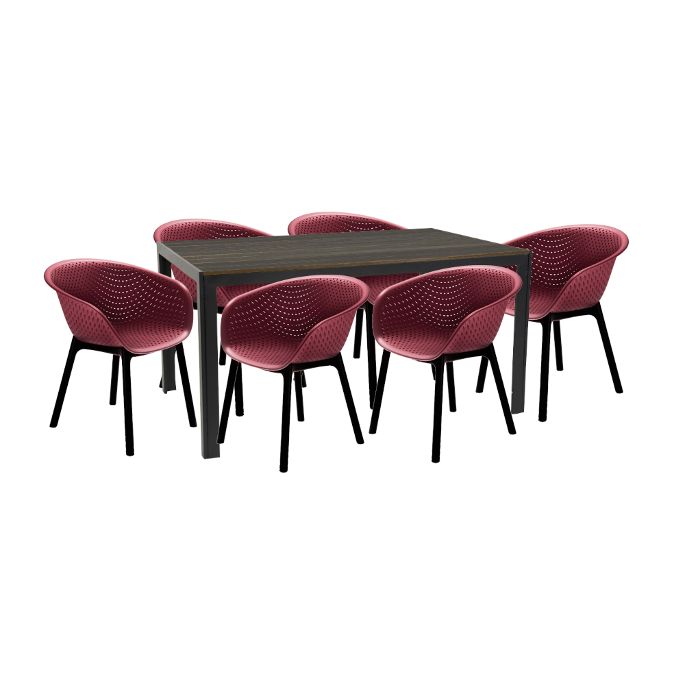 RAKI MACIAH Set mobilier pentru gradina/terasa masa maro 156x76x74 cu 6 scaune HAVANA 61x64x74cm culoare bordo