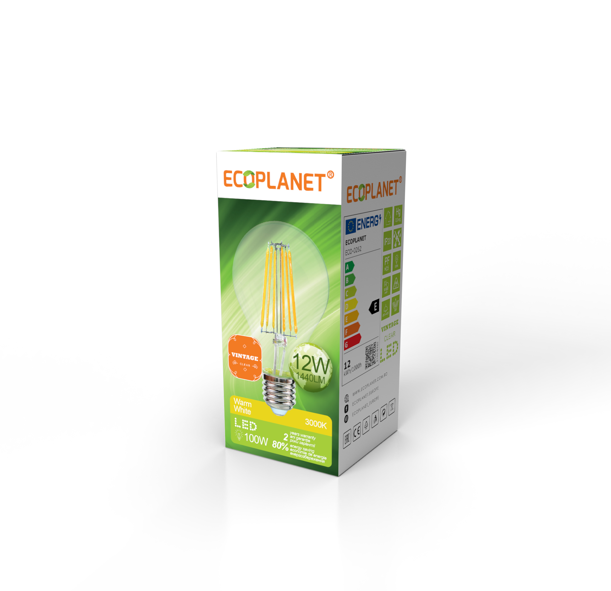 Bec LED Filament A70 Ecoplanet, E27, 12W (100W), 1440LM, E, lumină caldă 3000K, clar