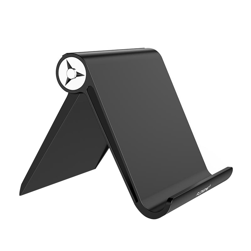 Suport birou masa pentru telefon mobil sau tableta, contine banda silicon anti alunecare, se modeleaza la unghi 0 - 100 grade, Floveme, model - Negru