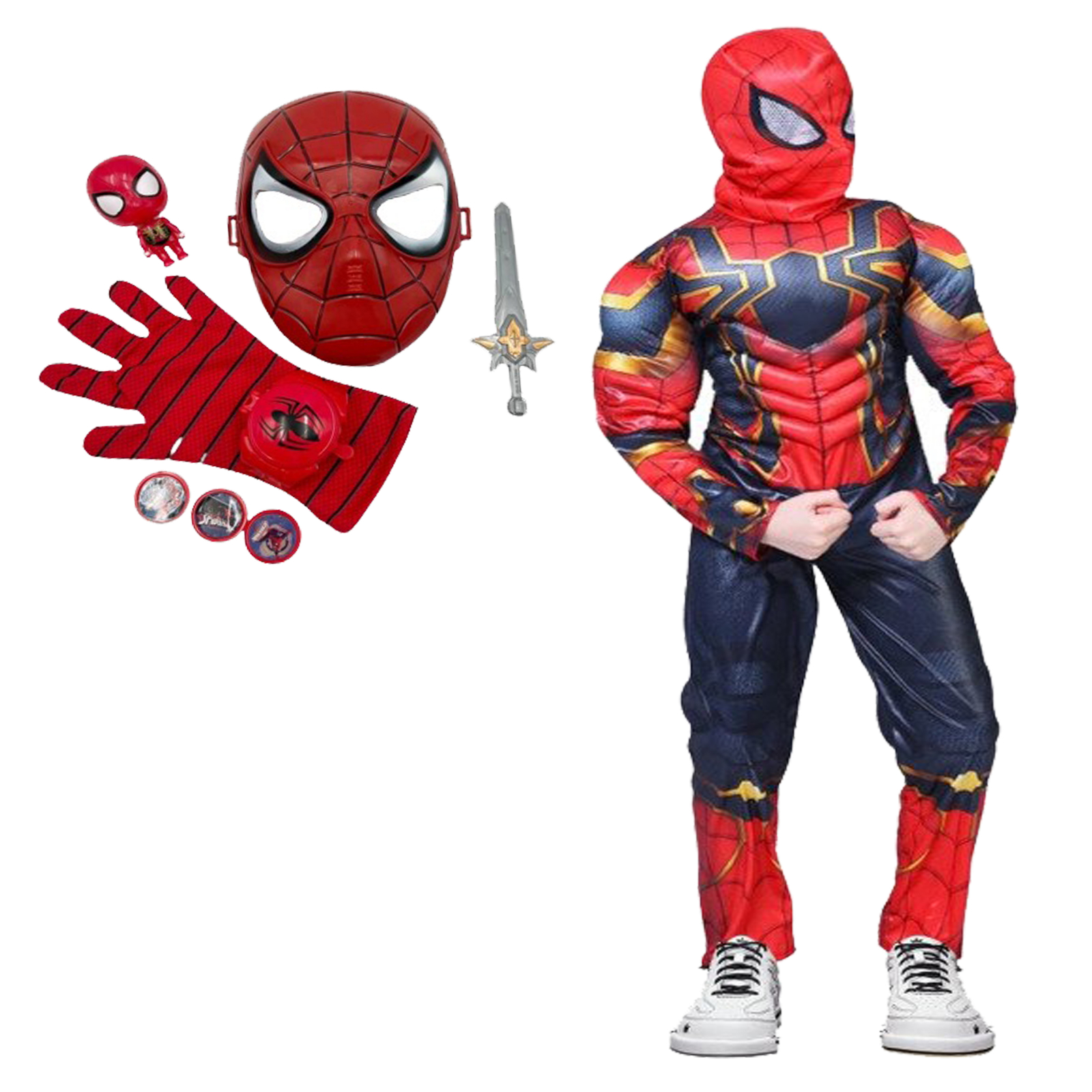 Set costum Iron Spiderman cu manusa si accesorii pentru baieti 5-7 ani 110-120 cm
