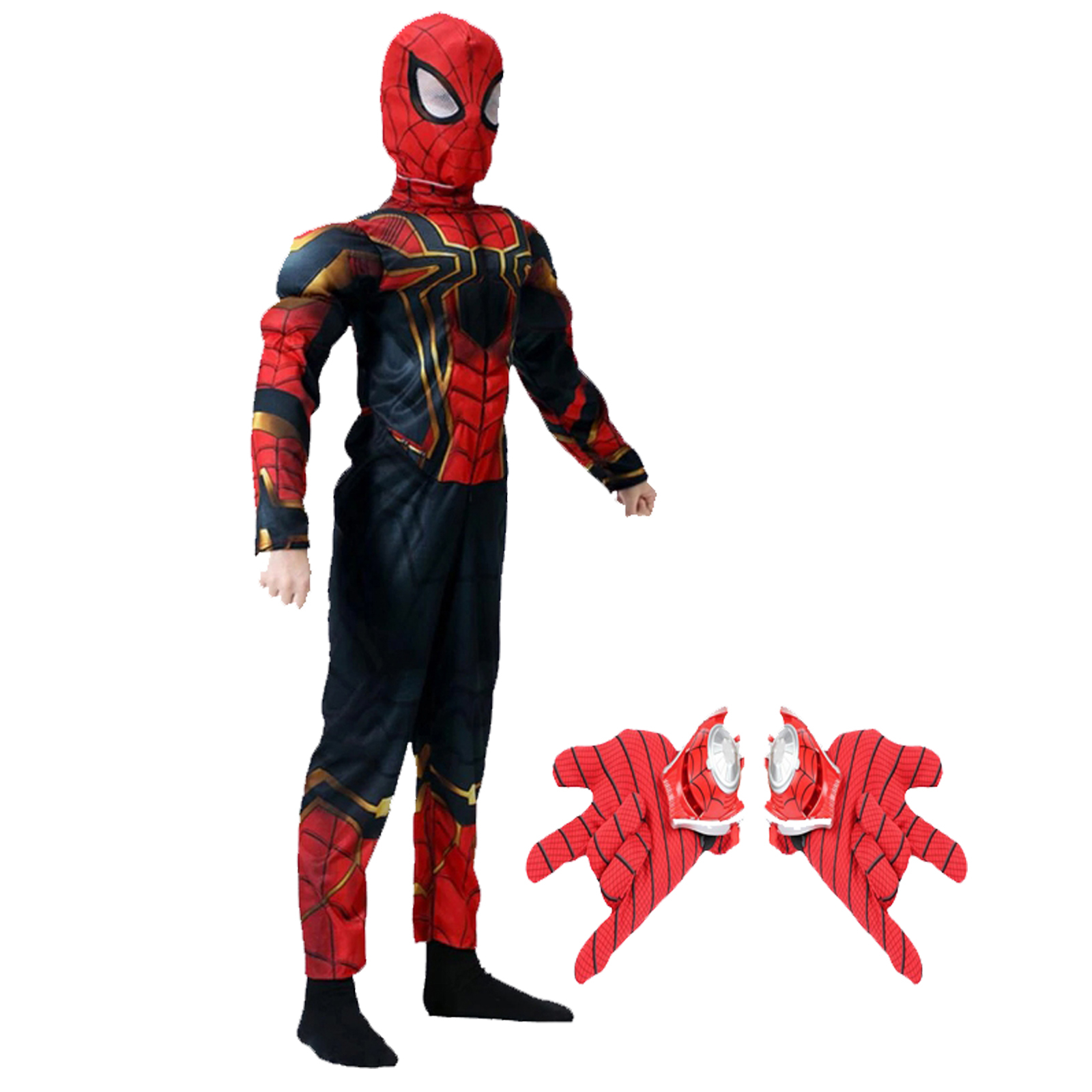 Set costum Iron Spiderman cu muschi si manusi cu lansator pentru baieti 120-130 cm 7-9 ani 120-130 imagine 2022 protejamcopilaria.ro